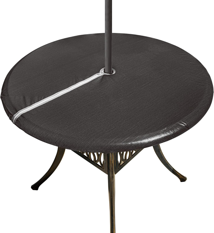 Round Fitted Vinyl Table Cloth Outdoor Tablecloth with Zipper and Umbrella Hole