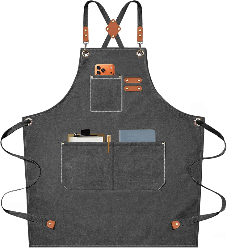 Chef Aprons for Men Women with Oversized Pockets, 16-Ounce Cotton Canvas Cross B