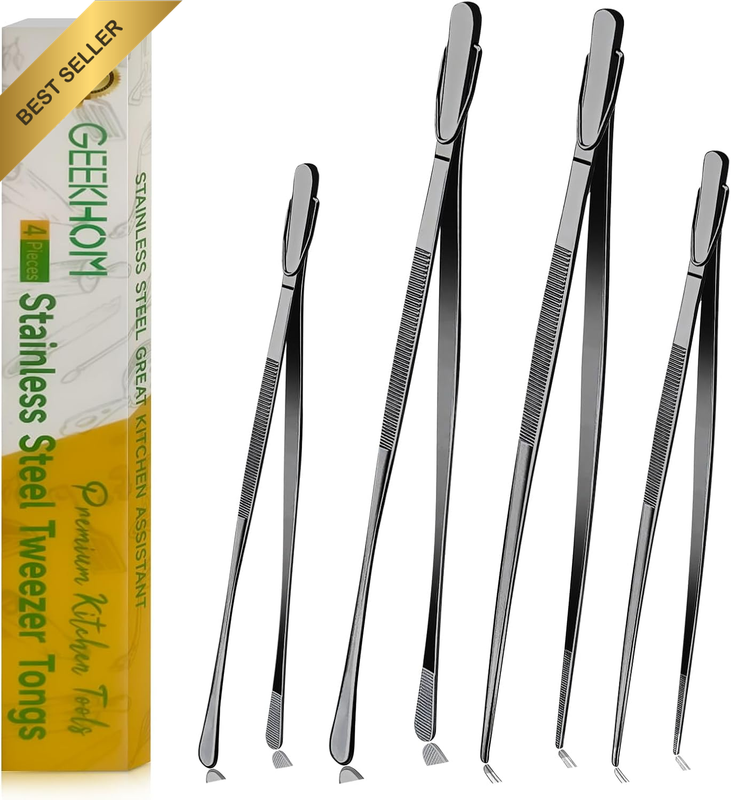 4 Pack 10" 12" Black Stainless Steel Chef Tweezers Tongs BBQ Food Fry