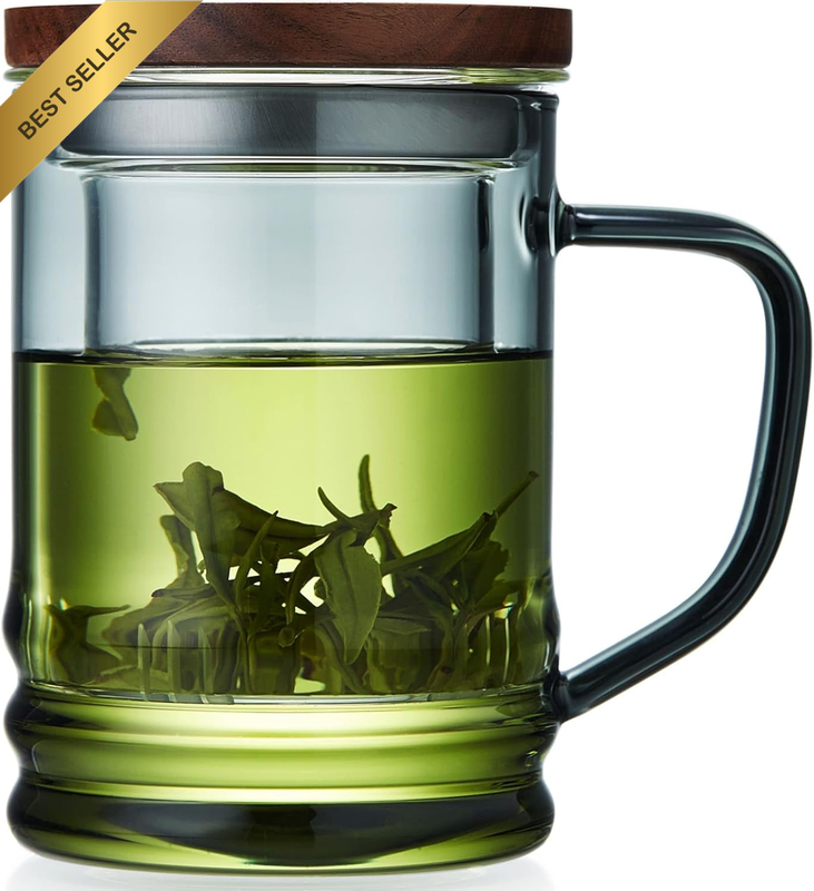 Glass Tea Cup with Infuser and Lid 14.5 Fl Oz, Heat Resistant Borosilicate Glass
