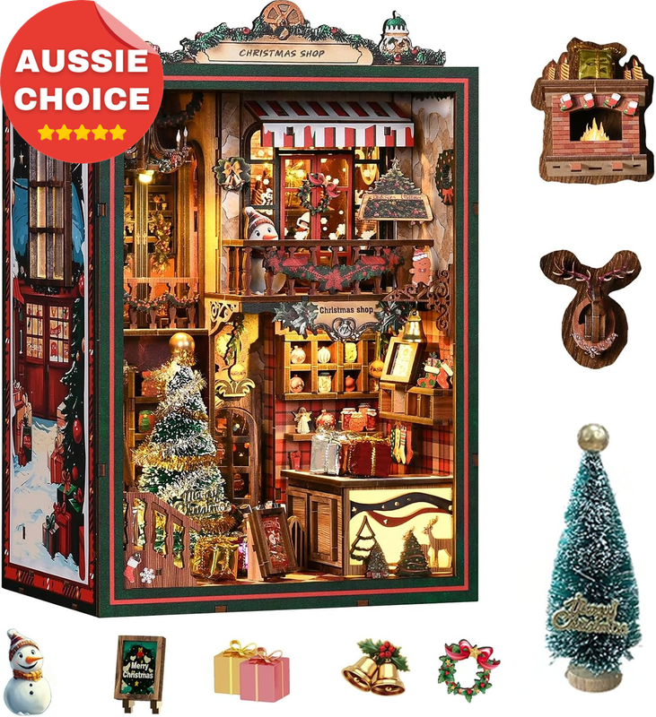 Christmas DIY Book Nook Kit LED Light Music Miniature House Decor 3D Puzzle