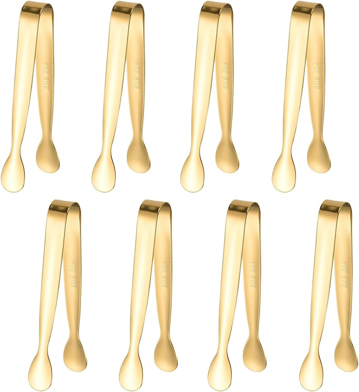 8-Pack 11X1.6Cm Gold Stainless Steel Ice Tongs, Thickened Small Square Cube Suga