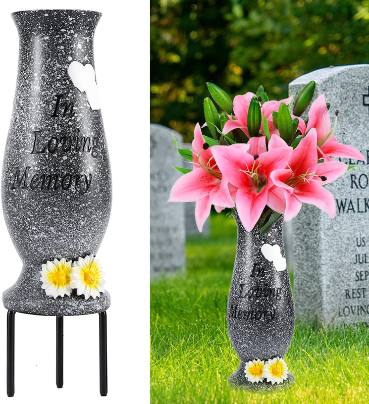 Memorial Cemetery Vase with Stakes, Grave Marker Floral Holder for Fresh/Artific