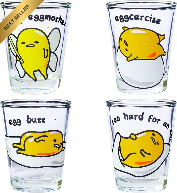 Gudetama Egg Styles 4-Pack Mini Glass Set, 1.5 Ounces, Multicolored