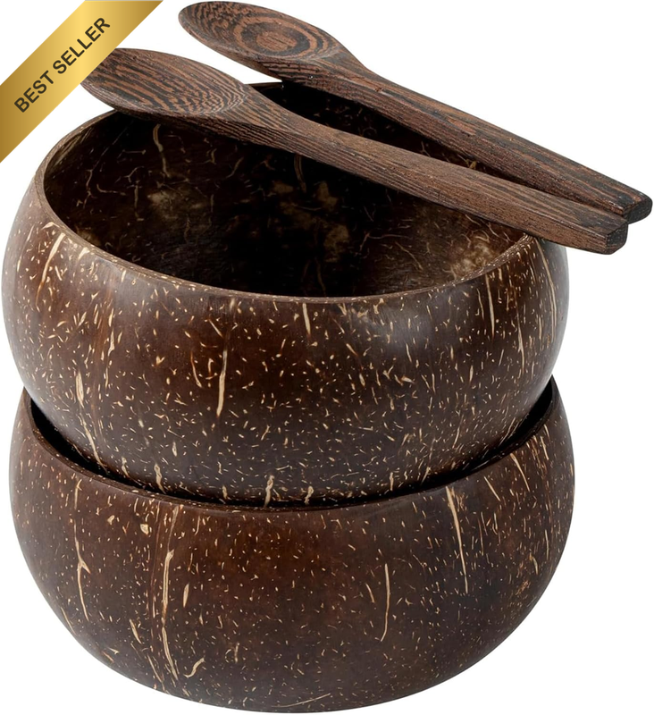 Natural Coconut Bowls & Spoons Set of 2 - Hand-Polished with Organic Oil, Eco-Fr