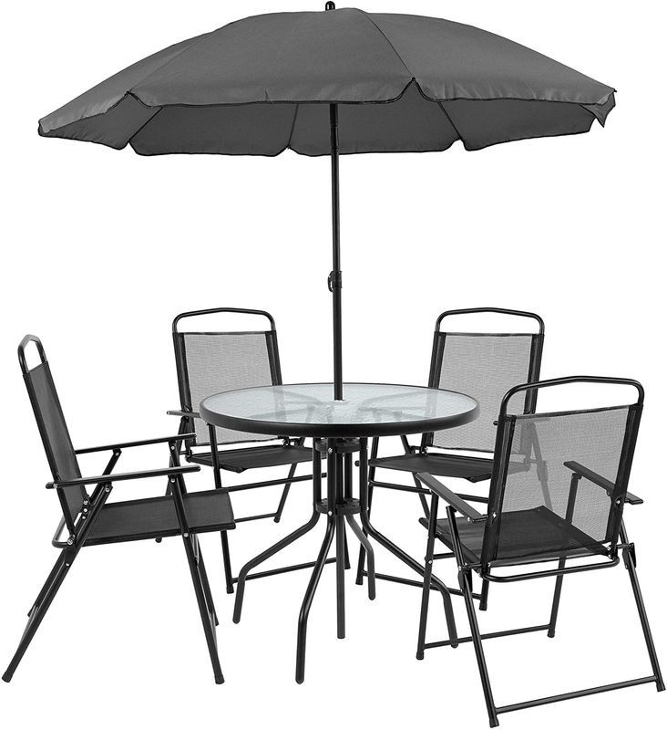 6 Piece Black Patio Garden Set with Table, Umbrella and 4 Folding