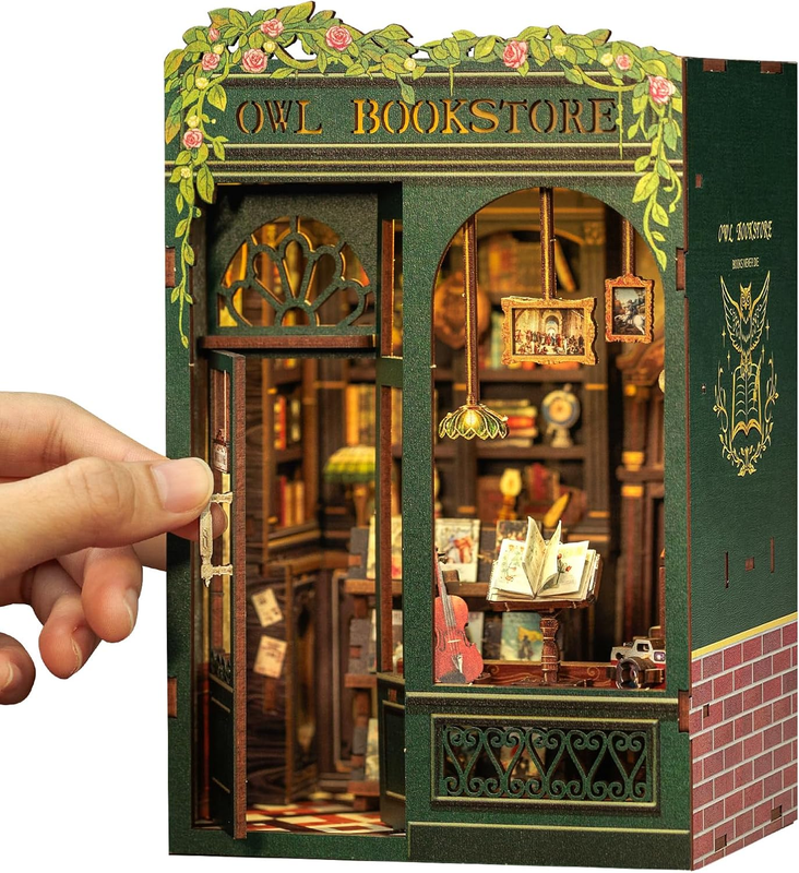 Book Nook Kit Owl Bookstore DIY Miniature w/ LED 3D Wooden Puzzle