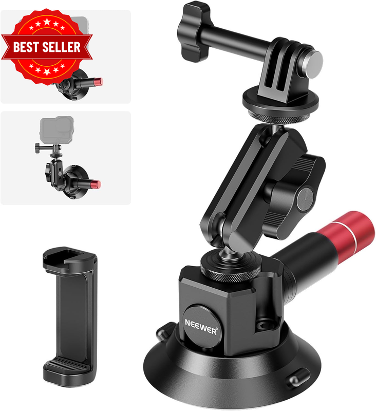 3" Suction Cup Camera Mount Bracket with Ball Head Magic Arm, 1/4" ARRI Holes, Q