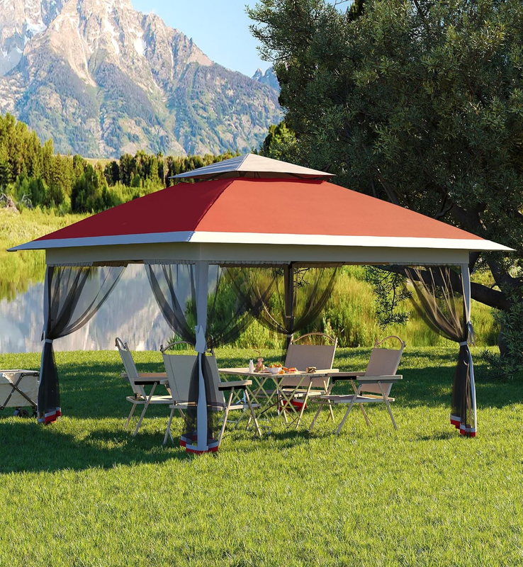 13X13Ft Pop up Gazebo, Canopy Tent with Mosquito Netting,Outdoor Gazebos for Backyard & Patio Furniture - Pop up Tent with Wheeled Sto-N-Go Cover Bag (Red+Light Grey)