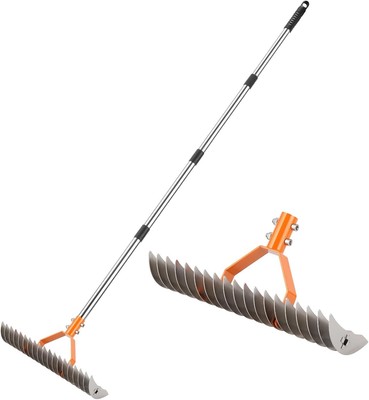 Thatch Rake, 15-Inch Wide Lawn Thatching Rake for Cleaning Dead Grass, Silver 