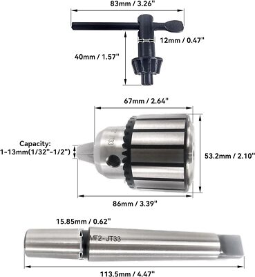 HFS(R) Woodworking 1/2 Inch Diameter Drill Chuck with 2 Morse Taper Mount