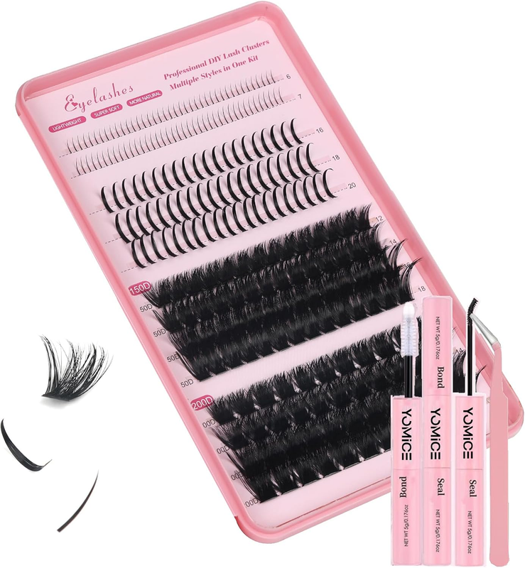 Individual Eyelashes Cluster Lashes Kit 150D+200D Fluffy Eyelash with Bottom Lashes 4 Styles Russian Lashes 12-18Mm Volume Lash Extension with Bond and Seal Lash Glue (150D+200DKIT)