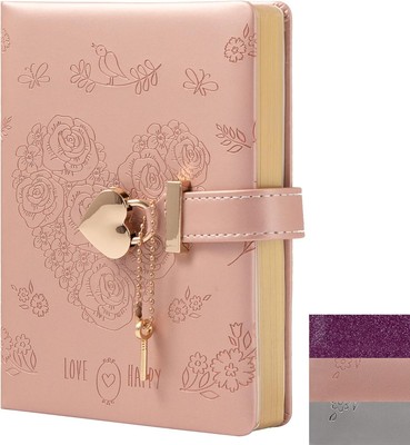 TIEFOSSI Heart Lock Journal Notebook with Key, Flower PU Leather Pink 