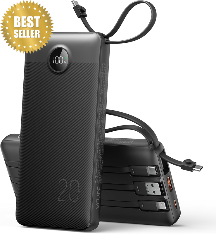 20000Mah Power Bank with Built-In Cables, Travel Essentials |  Portable Charger