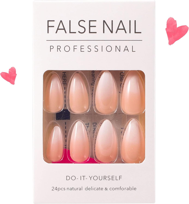 LANYOS 24PCS Press on Nails Medium Glossy Nude French Tips Fake Nails Almond Glu