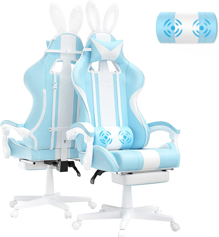 Light Blue Gaming Chair with Bunny Ear, Cute Massage Gaming Chairs for Adults &