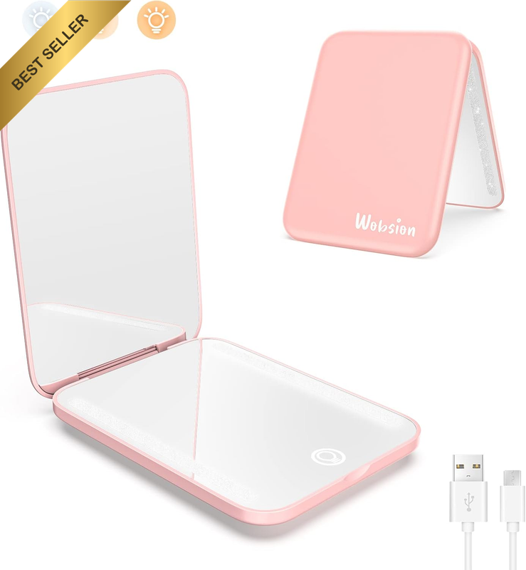 Rechargeable LED Travel Mirror,1X/3X Magnification Compact Mirror with Light,Dim