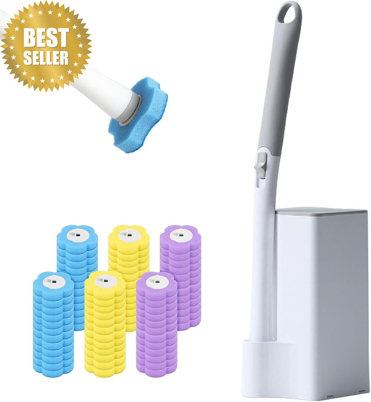 Disposable Toilet Brush Set, Extended Handle Wand with Storage Holder, Wall-Moun