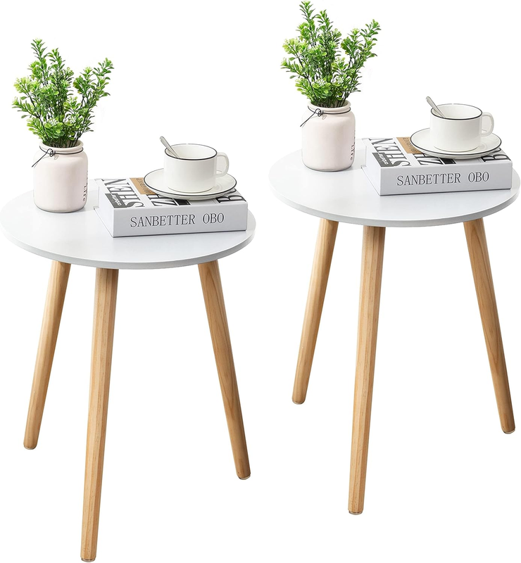 round Side Table Set of 2, White Nightstand Coffee End Table for Living Room, Bedroom, Small Spaces, Modern Home Decor Bedside Table with Natural Wood Legs, 16.5 Inches