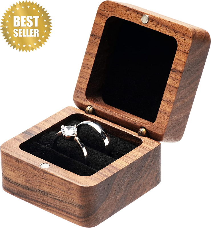 Square Solid Wood Double Ring Box Case for Wedding Ceremony Engagement Proposal,
