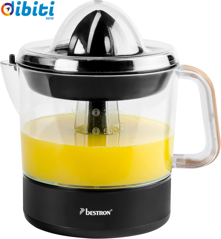 Bestron Spremiagrumi elettrico e arancia, con 2 coni di pressione e coperchio dell'aroma, motore con due direzioni di rotazione (sinistra/destra), capacità: 0,7 litri, collezione Black & Wood, colore: