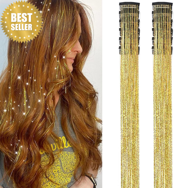 Hair Tinsel Pack of 12 Pcs Hair Tinsel Clip in 20.5 Inch Glitter Tinsel Hair Ext