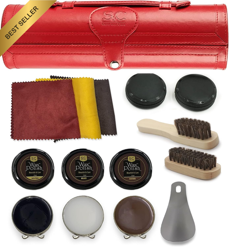 Stone & Clark 12 PC Shoe Polish & Care Kit Leather with Brown Wax Shoe Brushes f