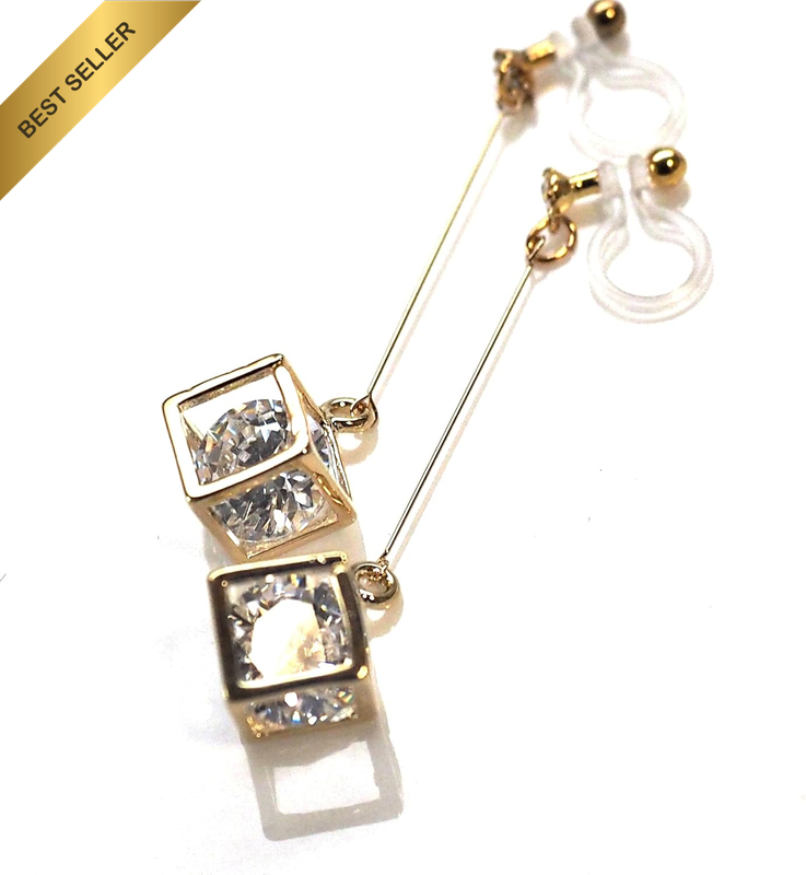 Gold Cube Long Bar Cubic Zirconia Crystal Clip On Earrings Dangle Non Pierced Fo