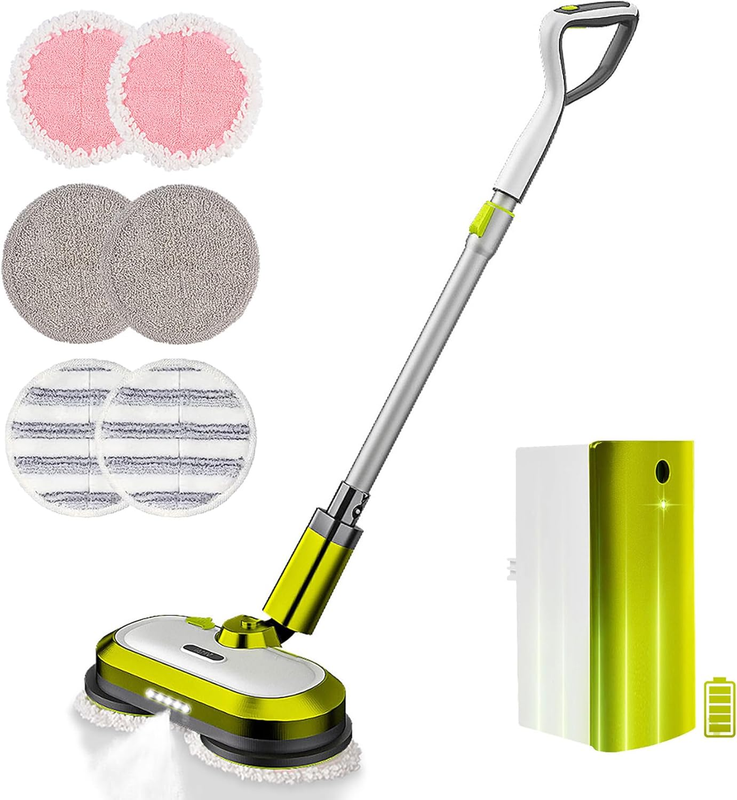 Cordless Electric Mop, Electric Spin Mop with LED Headlight and Water Spray, up to 60 Mins Powerful Floor Cleaner with 300Ml Water Tank & Detachable Battery, Super Quiet Cleaning & Waxing