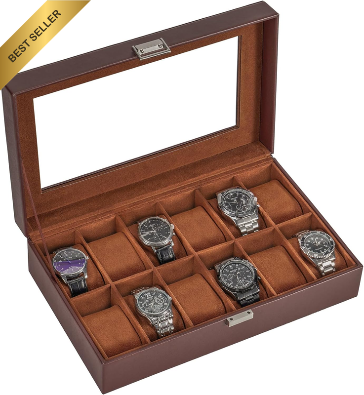 12 Slot Watch Box for Men Brown PU Leather Display Case Glass Top Holder