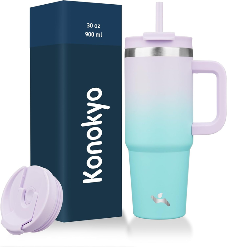 30 Oz Tumbler with Handle and 2 Straws,2 in 1 Lid Insulated Water Bottle Stainle