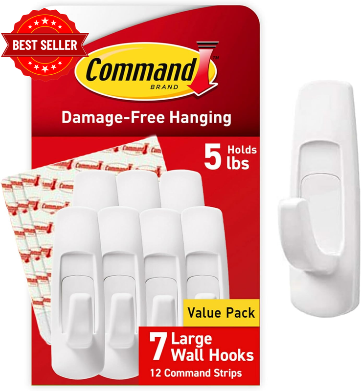 3M Command Large Utility Hooks 7 Pack 12 Strips Removable Wall Hangers 2.27kg