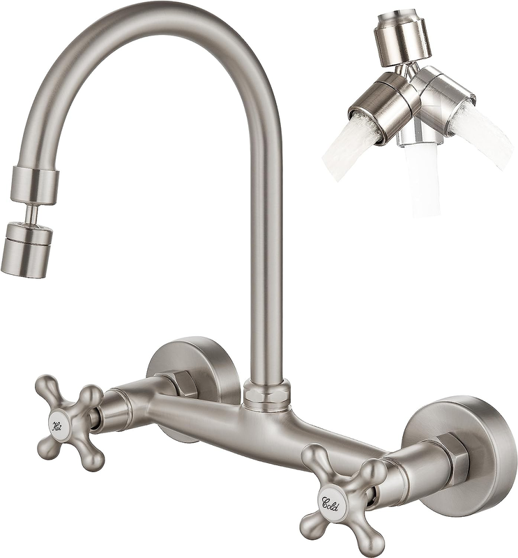 Brushed Nickel Wall Mount Kitchen Faucet with Sprayer Wall M