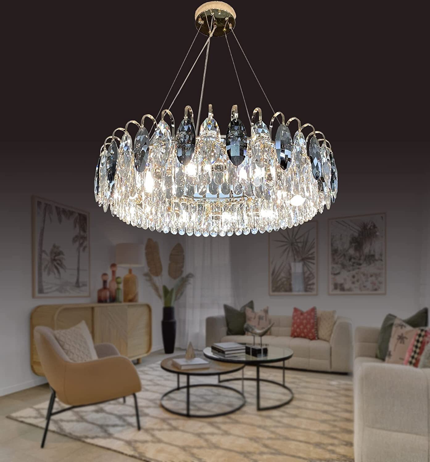 Modern 6-Light Crystal Chandelier Round Pendant Lamp Adjustable Ceiliing Fixture