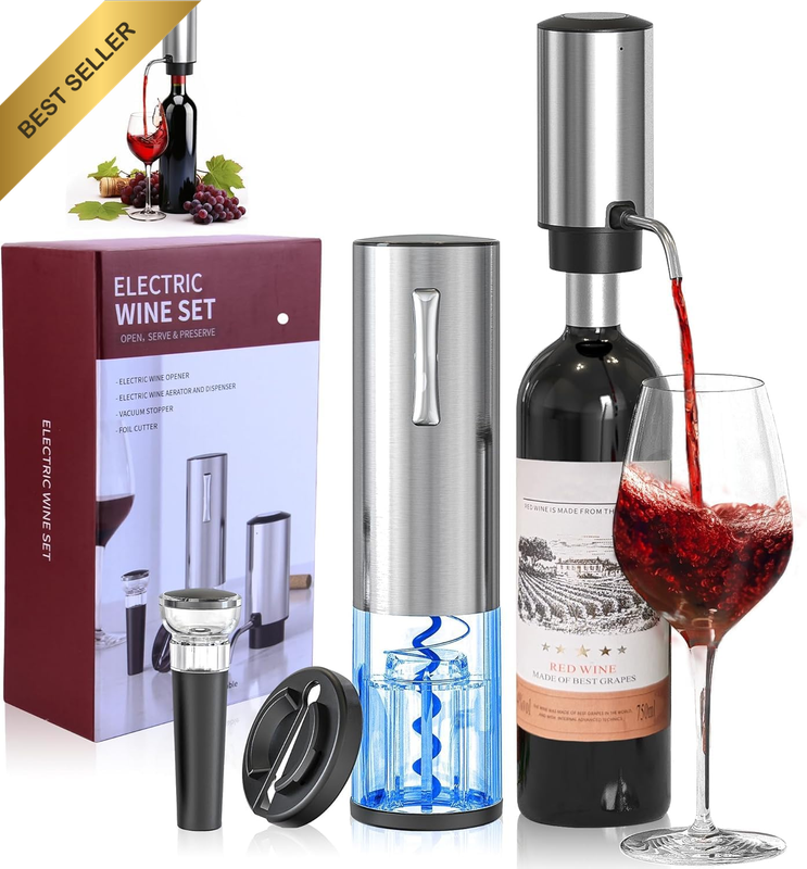 Electric Wine Opener Set with Aerator and Dispenser, Stainless Steel Automatic W