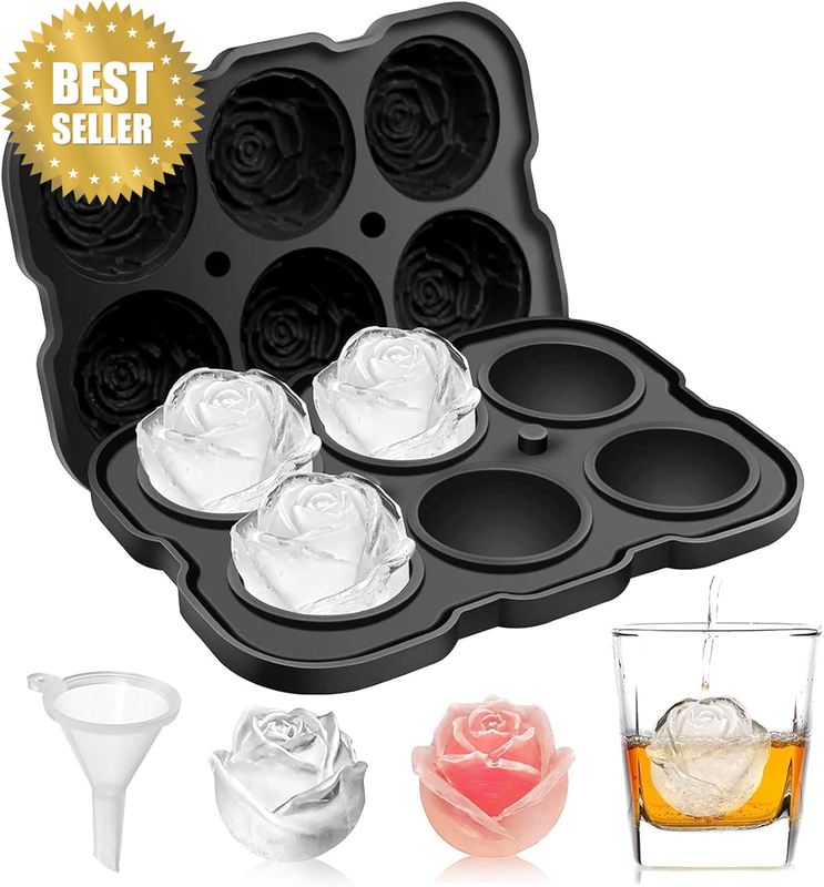 Ice Cube Tray Mold Rose Ice Cube Trays with Covers, 6 Cavity Silicone Rose Ice B