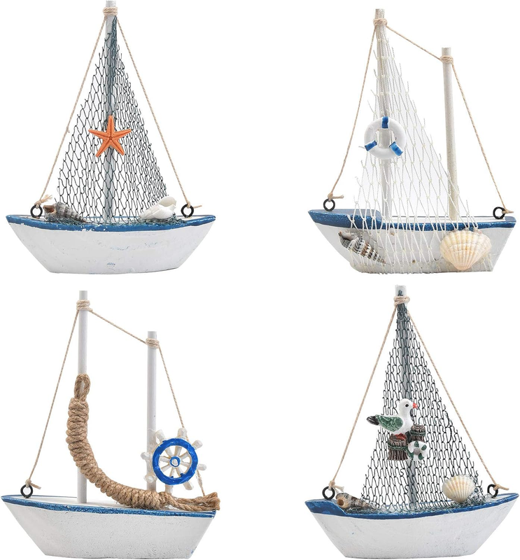 Mini Sailboat Model 4 Pack Wooden Nautical Beach Coastal Home Decor Navy White
