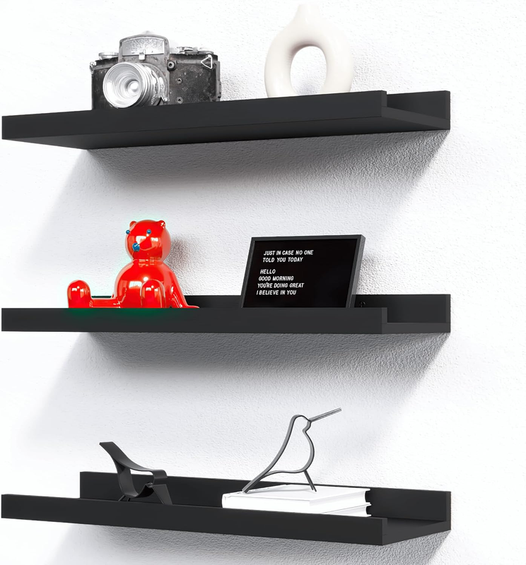 RICHER HOUSE 3-Set Floating Shelves with Lip, Black Small Wall Shelf, 16In