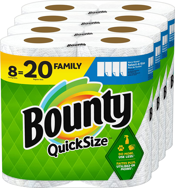 Bounty Quick Size Paper Towels, White, 8 Family Rolls = 20 R