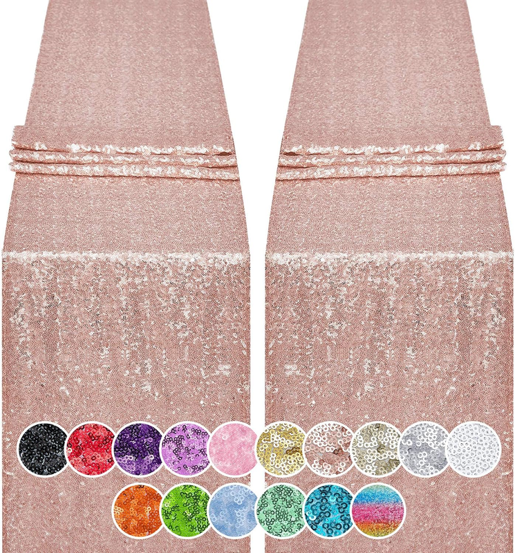 2PCS 12X72 Inch Sequin Table Runner Rose Gold Glitter Table Runner for Party, We