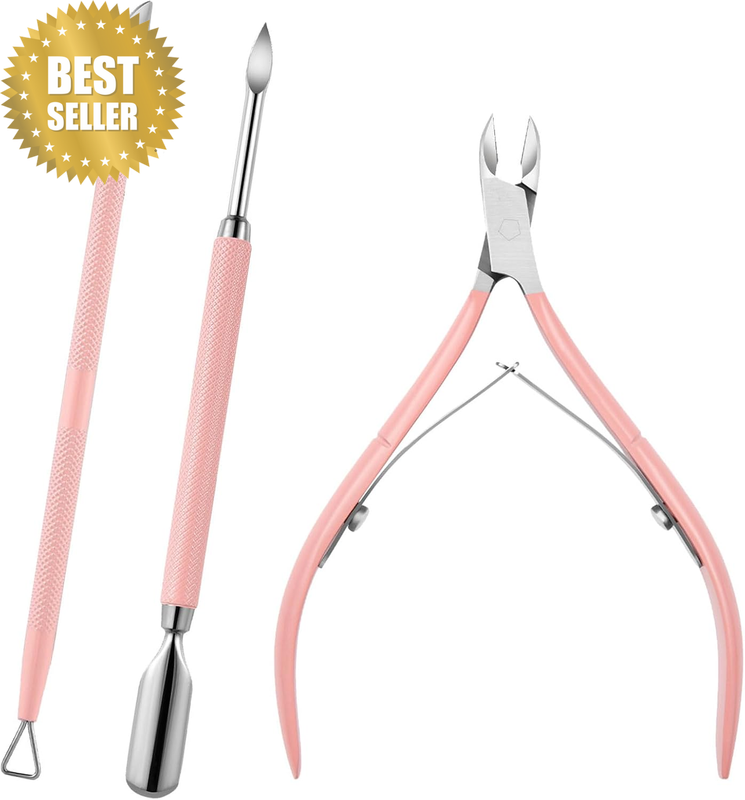 Cuticle Trimmer with Cuticle Pusher and Cutter - 3 PCS Pink Professional Pedicur