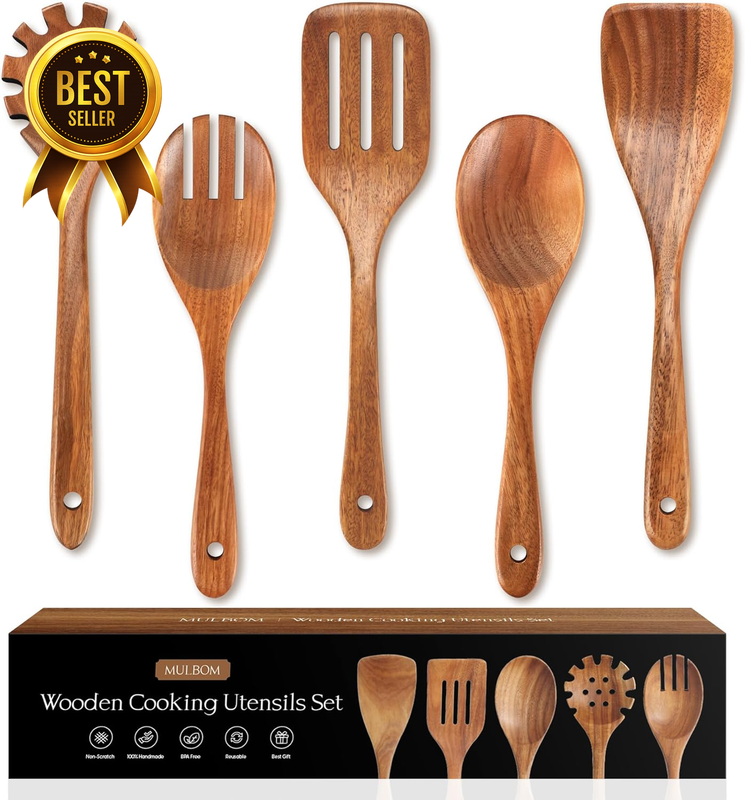 5 Pcs Acacia Wooden Spoons for Cooking Non-Stick Wooden Utensil Set