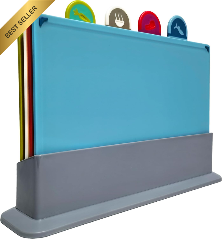 Cutting Board Set with Storage Stand,4 Colour Plastic Cutting Board Set with Foo