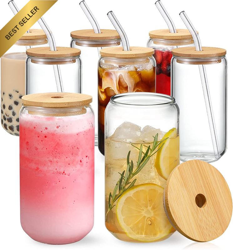 [ 8Pcs Set ] Drinking Glasses with Bamboo Lids and Glass Straw - 16Oz Can Shaped