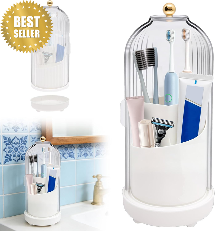 360° Rotating Electric Toothbrush Holder with Cover, 3 Slot Bathroom Organiser w
