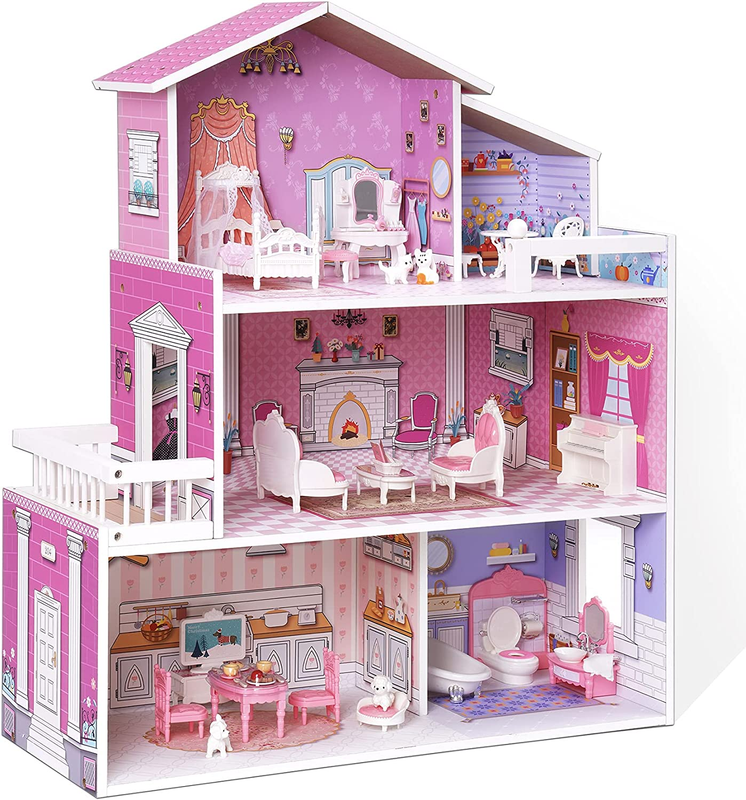 Wooden Dollhouse Playset, 3 Stories, 5 Rooms, 24 PCS Furniture, Pretend Play Toy