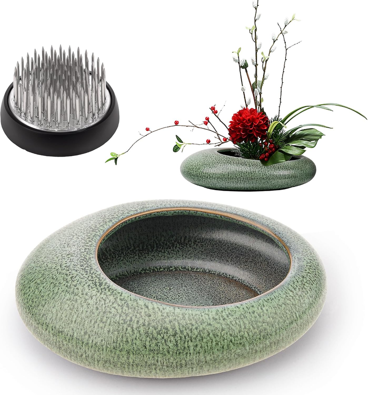 Flower Frog Vase Set Japanese Ikebana Flower Arrangement Bowl | Green Ceramic Po