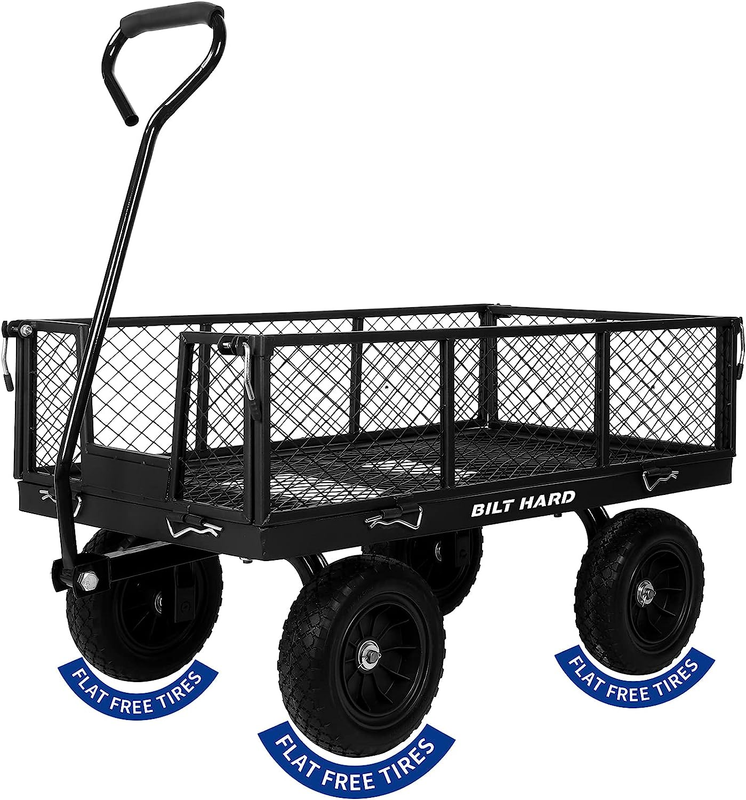 880 Lbs 10" Flat Free Tires Steel Garden Cart with 180&deg; Rotating Handle and Remo