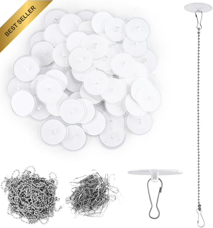 100 Adhesive Ceiling Hooks with 200 Metal Hooks & 50 Chains - 1.2In Strong Stick