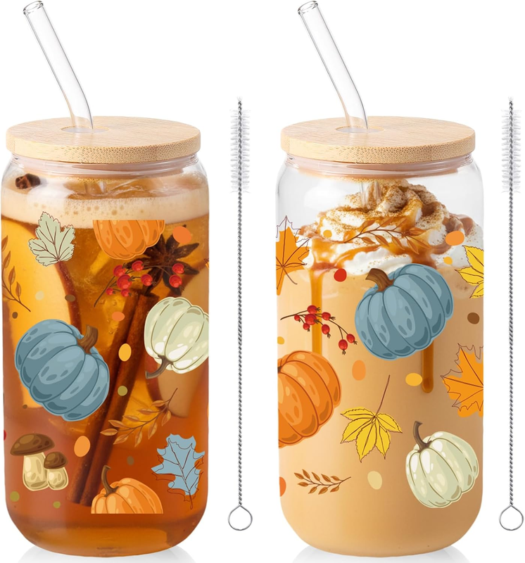 Sliner 2 Pcs Pumpkin Glass Drinking Cups with Lid and Straw, 16 Oz